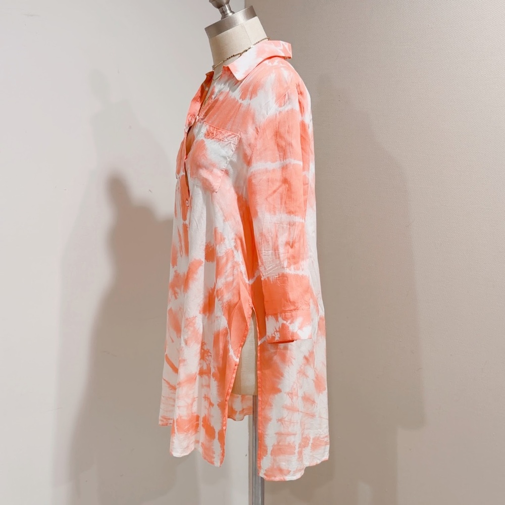 Chicos Peach Tie-dye Button-front Cover-Up Tunic Top Size 0 US Small - Picture 2 of 8